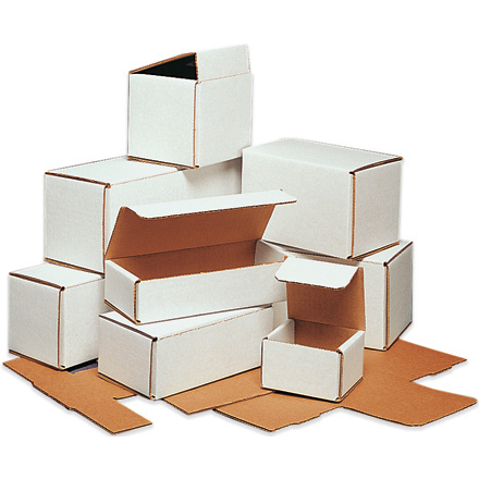 White corrugated mailer boxes in several sizes for e-commerce shipping